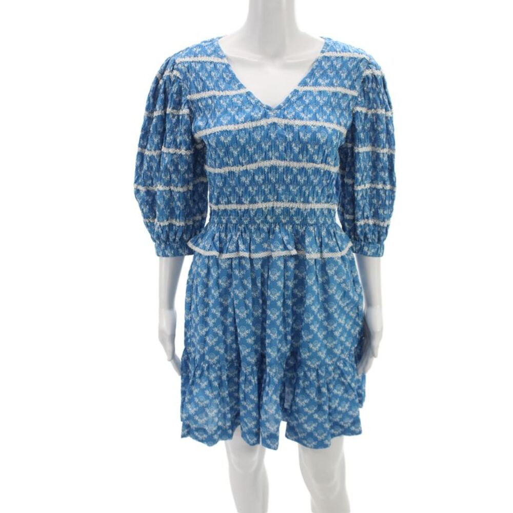Sea New York Women Sundress Blue V-Neck 3/4 Sleeve Knee Length Cotton Size S
